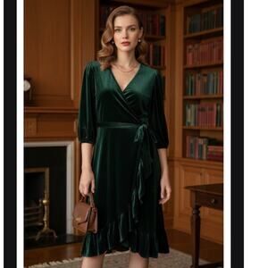Y2K Cato 22/24W women green velvet wrap midi dress‎ old money quiet luxury event